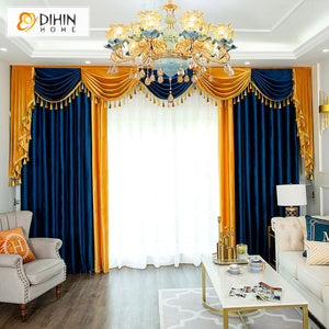 DIHINHOME Home Textile European Curtain DIHIN HOME Luxury Yellow and Navy Blue Color Customized Valance ,Blackout Curtains Grommet Window Curtain for Living Room ,52x84-inch,1 Panel