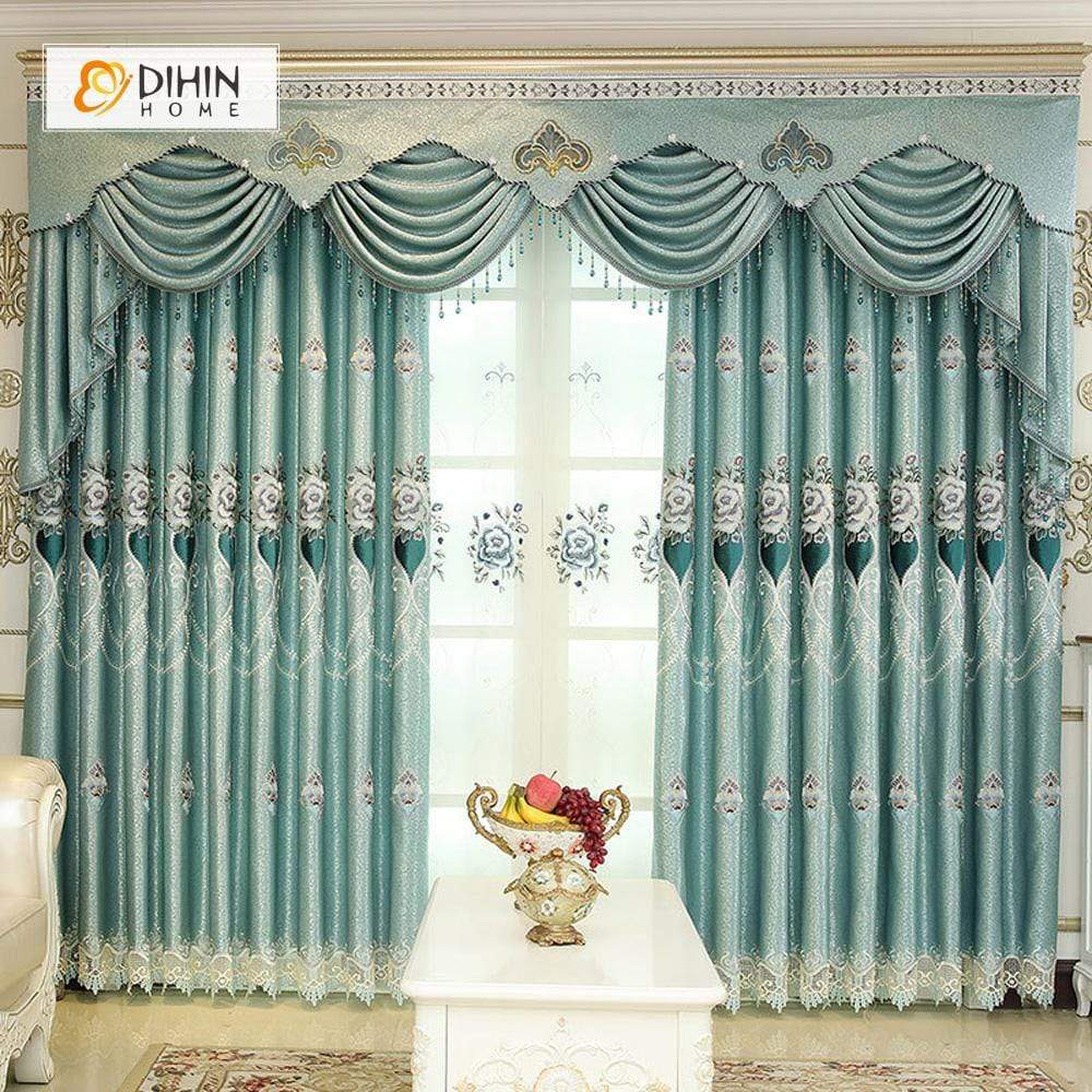 DIHINHOME Home Textile European Curtain DIHIN HOME Middle Blue Flowers Embroidered，Blackout Grommet Window Curtain for Living Room ,52x63-inch,1 Panel