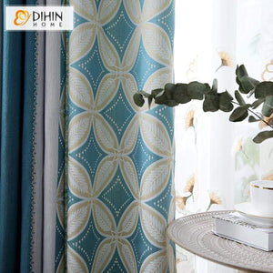 DIHINHOME Home Textile European Curtain DIHIN HOME Modern Blue Geometric Spilced Curtain With Valance ,Blackout Curtains Grommet Window Curtain for Living Room ,52x84-inch,1 Panel