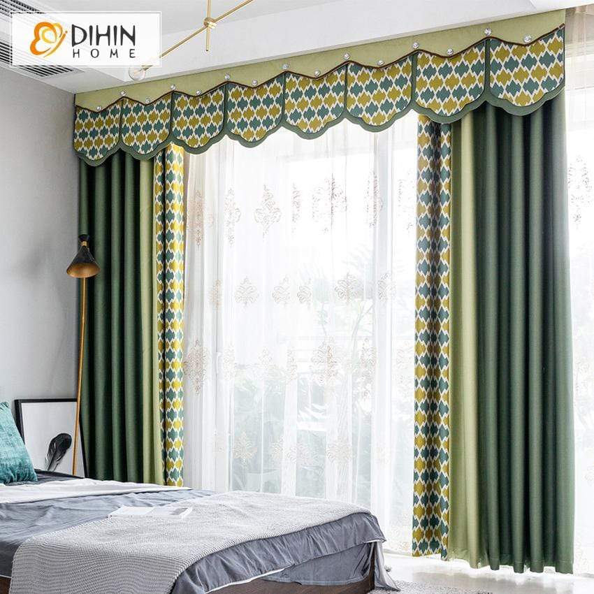 DIHINHOME Home Textile European Curtain DIHIN HOME Modern Green Geometric Spliced Curtain With Valance ,Blackout Curtains Grommet Window Curtain for Living Room ,52x84-inch,1 Panel