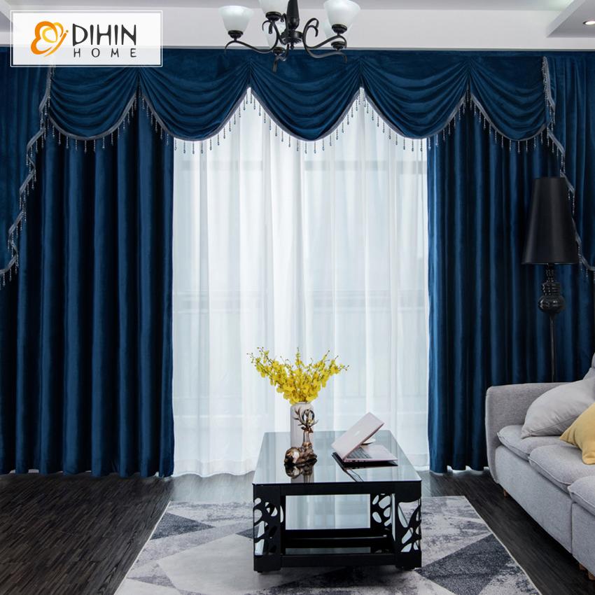 DIHIN HOME Modern Simple Blue Color Curtain Velvet Fabric Luxury Valance ,Blackout Curtains Grommet Window Curtain for Living Room ,52x84-inch,1 Panel
