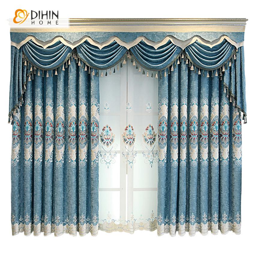 DIHIN HOME New Arrival Blue Color Embroidered Curtain Customized Valance ,Blackout Curtains Grommet Window Curtain for Living Room ,52x84-inch,1 Panel
