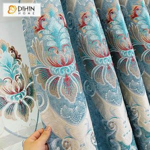 DIHIN HOME New Arrival Blue Color Embroidered Curtain Customized Valance ,Blackout Curtains Grommet Window Curtain for Living Room ,52x84-inch,1 Panel