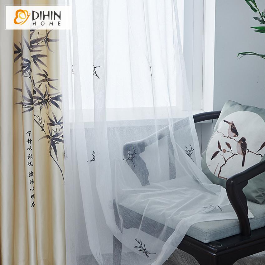 DIHIN HOME Pastoral Chinese Style Bamboo High Precision Imitation Silk Embroidered Curtains,Blackout Grommet Window Curtain for Living Room ,52x63-inch,1 Panel