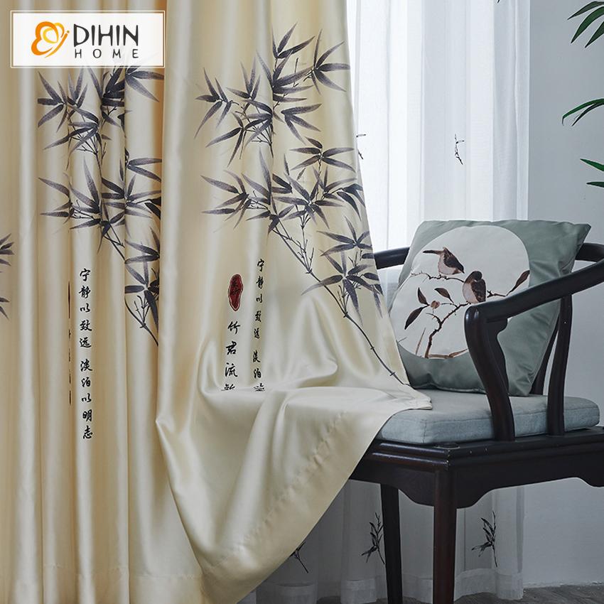 DIHIN HOME Pastoral Chinese Style Bamboo High Precision Imitation Silk Embroidered Curtains,Blackout Grommet Window Curtain for Living Room ,52x63-inch,1 Panel