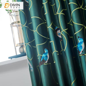 DIHIN HOME Pastoral Chinese Style Magpie Pattern High Precision Imitation Silk Embroidered Curtains,Blackout Grommet Window Curtain for Living Room ,52x63-inch,1 Panel