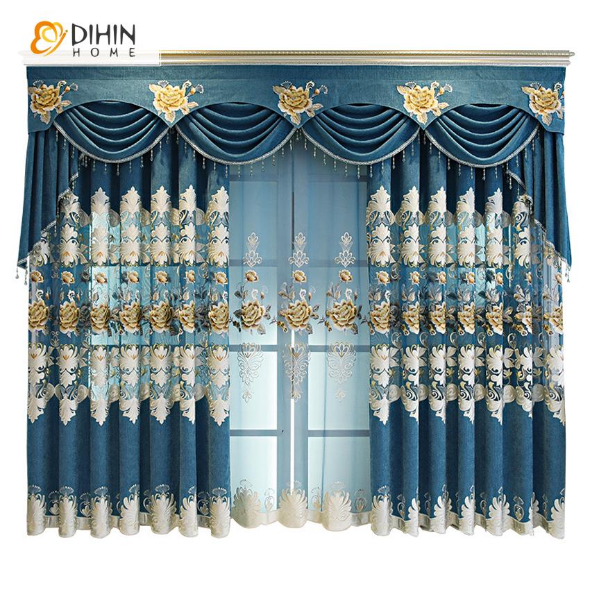 DIHIN HOME Pastoral Flowers Embroidered Curtain Blue Valance ,Blackout Curtains Grommet Window Curtain for Living Room ,52x84-inch,1 Panel