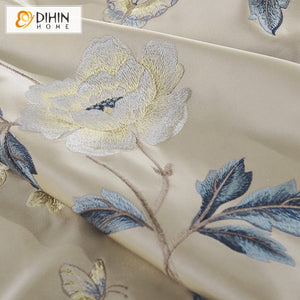 DIHIN HOME Pastoral Peony High Precision Imitation Silk Embroidered Curtains,Blackout Grommet Window Curtain for Living Room ,52x63-inch,1 Panel