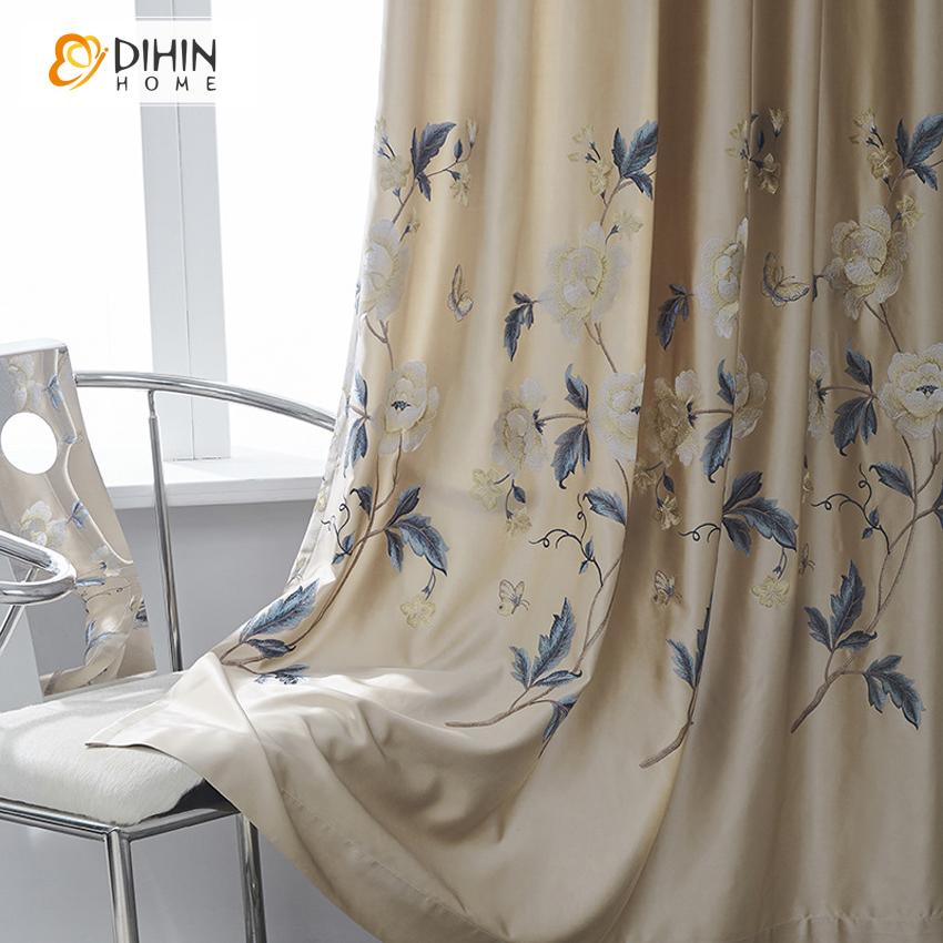 DIHIN HOME Pastoral Peony High Precision Imitation Silk Embroidered Curtains,Blackout Grommet Window Curtain for Living Room ,52x63-inch,1 Panel