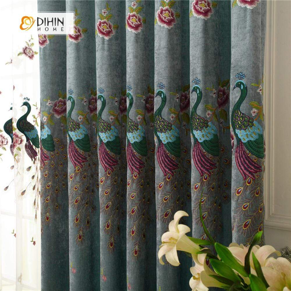 DIHINHOME Home Textile European Curtain DIHIN HOME Peacock Embroidered ,Blackout Curtains Grommet Window Curtain for Living Room ,52x84-inch,1 Panel