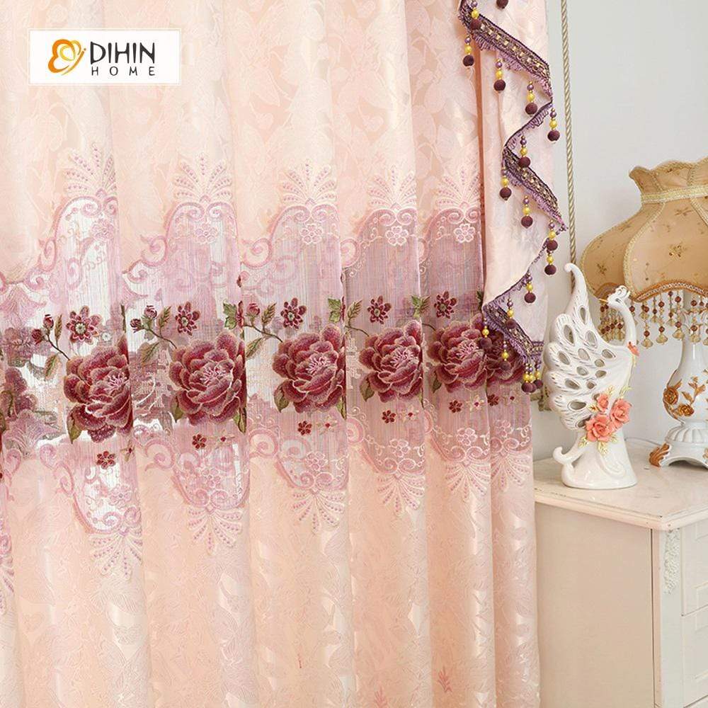 DIHINHOME Home Textile European Curtain DIHIN HOME Pink Elegant Embroidered Valance ,Blackout Curtains Grommet Window Curtain for Living Room ,52x84-inch,1 Panel