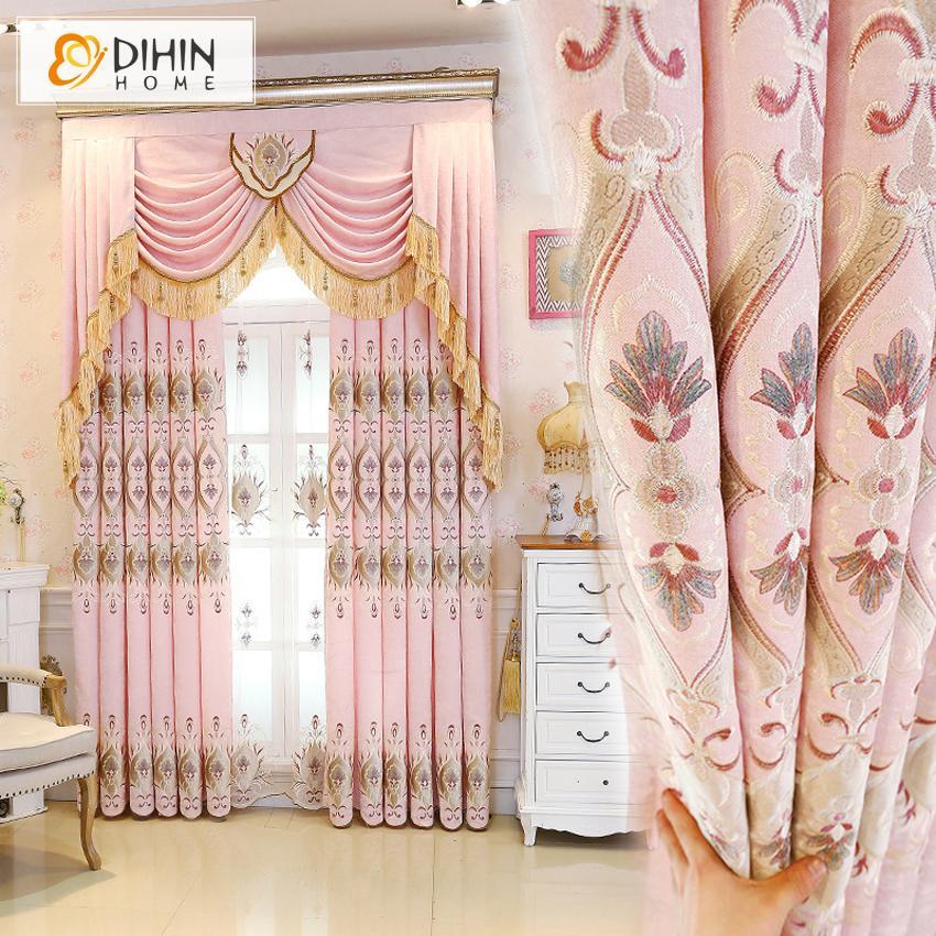 DIHINHOME Home Textile European Curtain DIHIN HOME  Pink Embroidered Valance ,Blackout Curtains Grommet Window Curtain for Living Room ,52x84-inch,1 Panel