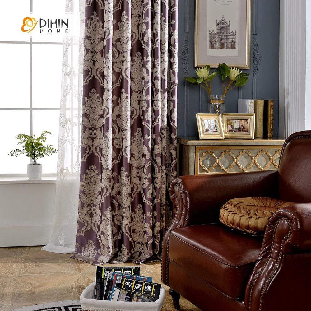 DIHINHOME Home Textile European Curtain DIHIN HOME Purple Printed ,Cotton Linen ,Blackout Grommet Window Curtain for Living Room ,52x63-inch,1 Panel