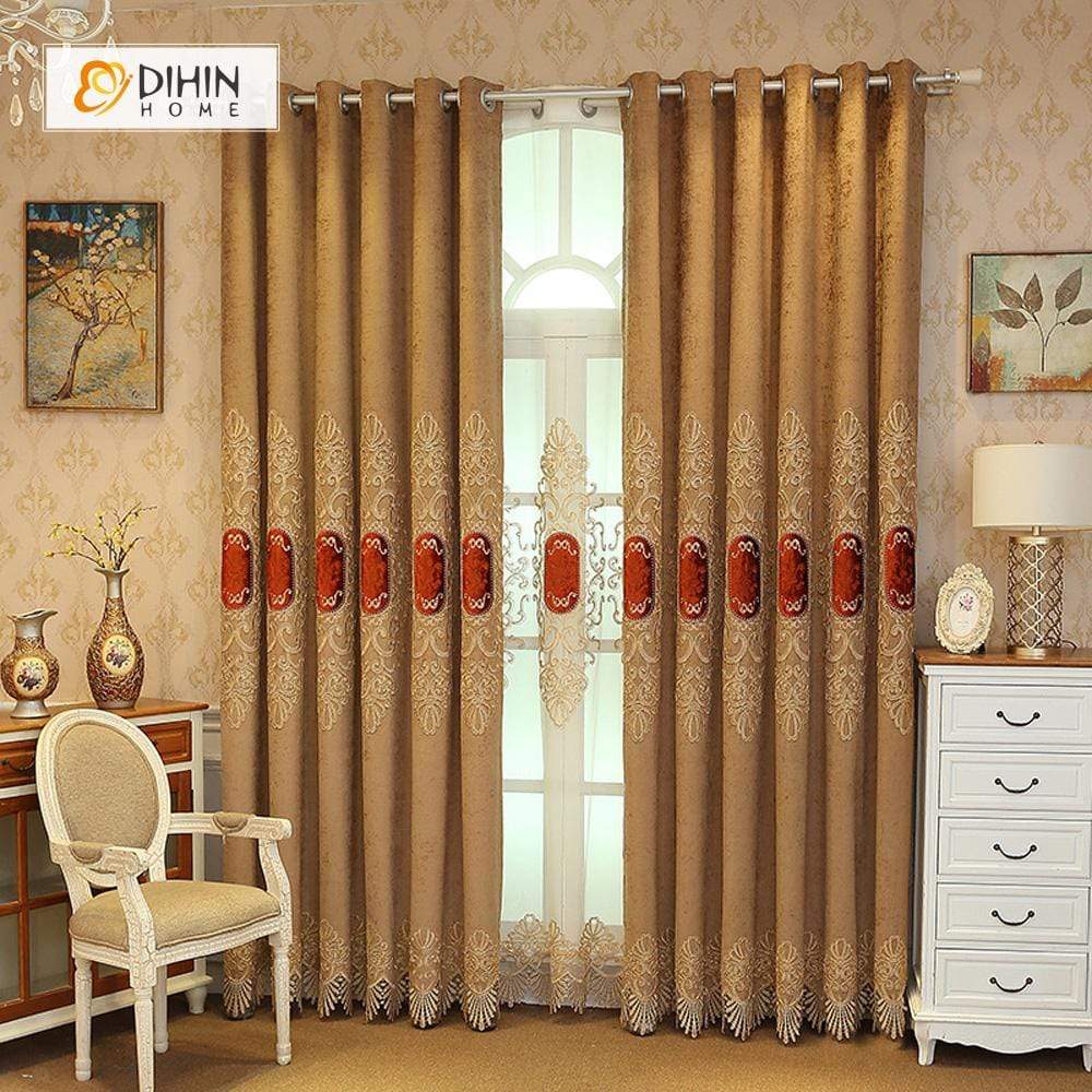 DIHINHOME Home Textile European Curtain DIHIN HOME Red Embroidered Brown Valance ,Blackout Curtains Grommet Window Curtain for Living Room ,52x84-inch,1 Panel