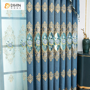 DIHINHOME Home Textile European Curtain DIHIN HOME Retro Blue European Embroideried Valance,Blackout Curtains Grommet Window Curtain for Living Room ,52x84-inch,1 Panel