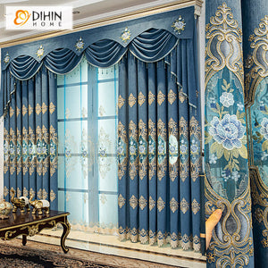 DIHIN HOME Retro Blue European Embroideried Valance,Blackout Curtains Grommet Window Curtain for Living Room ,52x84-inch,1 Panel