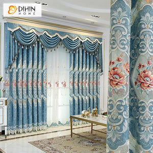 DIHIN HOME Roral Luxury Embroidered Blue Curtain Window Customized Valance ,Blackout Curtains Grommet Window Curtain for Living Room ,52x84-inch,1 Panel