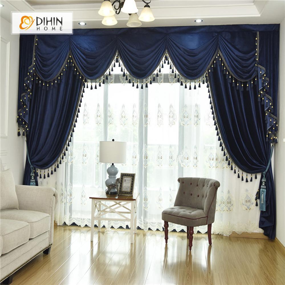 DIHINHOME Home Textile European Curtain DIHIN HOME  Solid Dark Blue and Decoration Embroidered Valance ,Blackout Curtains Grommet Window Curtain for Living Room ,52x84-inch,1 Panel