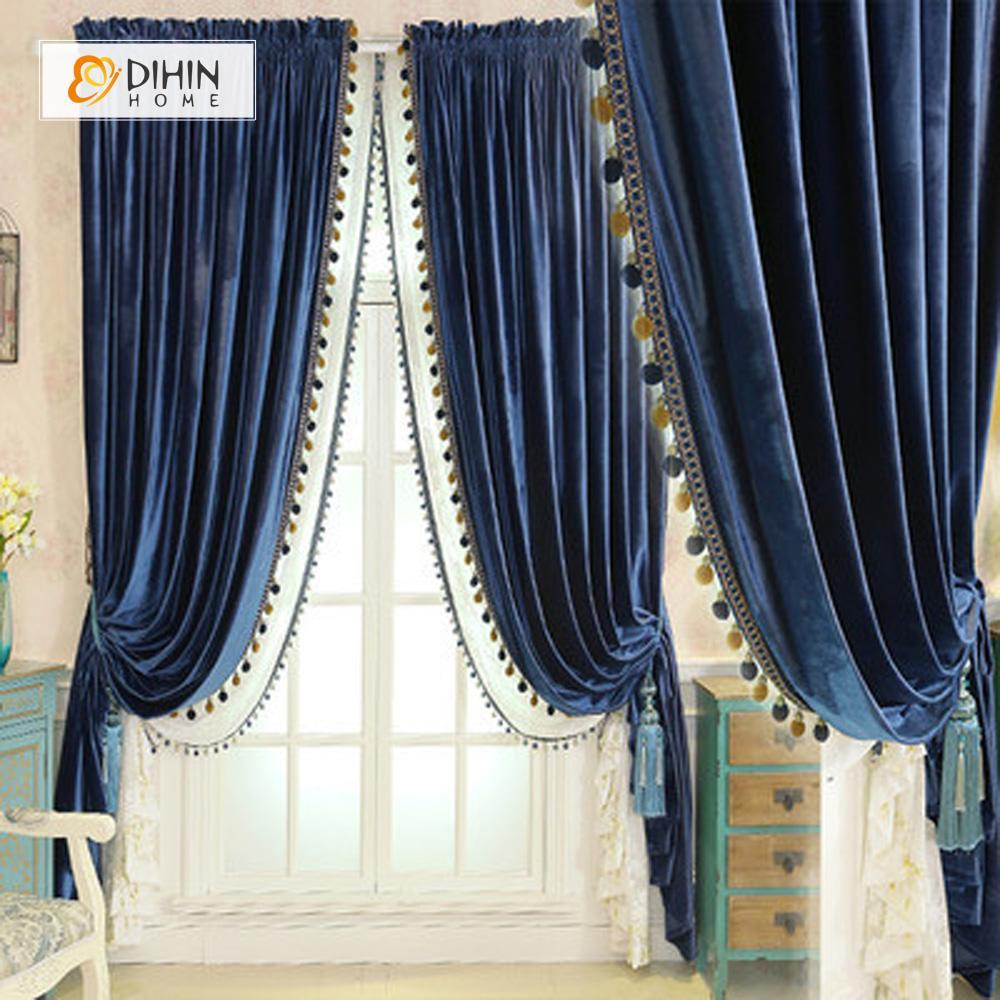 DIHINHOME Home Textile European Curtain DIHIN HOME  Solid Dark Blue Velvet，Blackout Grommet Window Curtain for Living Room ,52x63-inch,1 Panel
