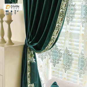 DIHINHOME Home Textile European Curtain DIHIN HOME Solid Green Embroidered Valance,Blackout Curtains Grommet Window Curtain for Living Room ,52x84-inch,1 Panel
