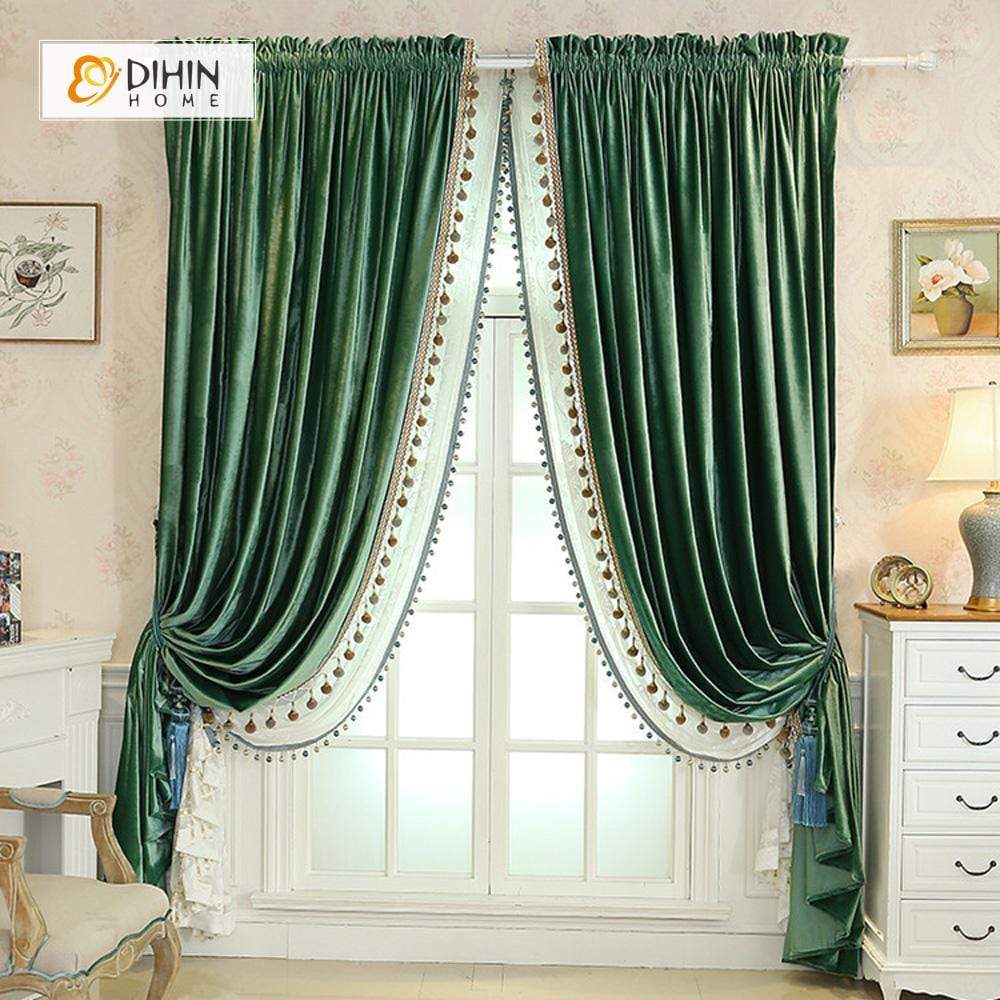 DIHINHOME Home Textile European Curtain DIHIN HOME Solid Green Velvet，Blackout Grommet Window Curtain for Living Room ,52x63-inch,1 Panel
