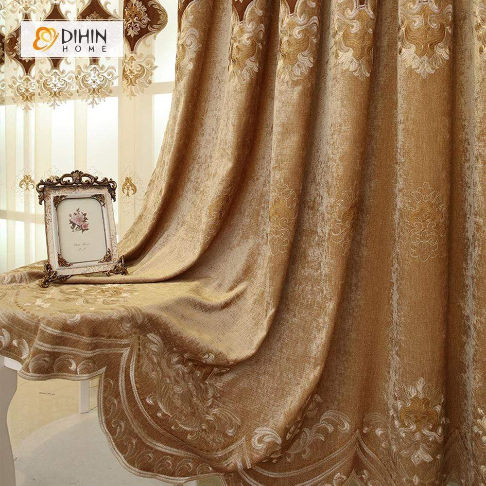 DIHINHOME Home Textile European Curtain DIHIN HOME Velvet Brown Exquisite Luxury Embroidered Valance ,Blackout Curtains Grommet Window Curtain for Living Room ,52x84-inch,1 Panel