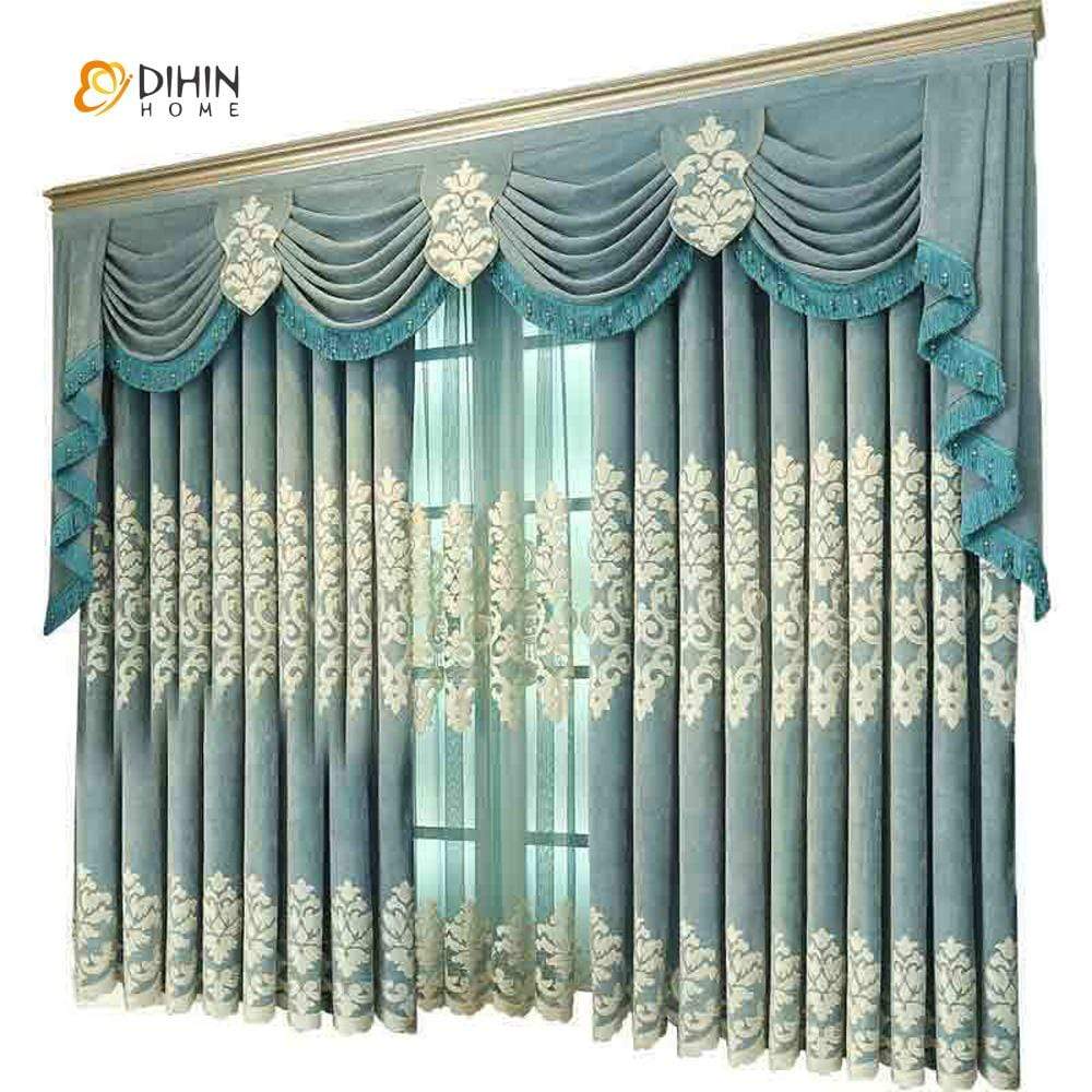 DIHINHOME Home Textile European Curtain DIHIN HOME White Embroidered Blue Valance ,Blackout Curtains Grommet Window Curtain for Living Room ,52x84-inch,1 Panel