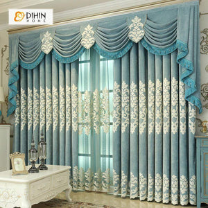 DIHINHOME Home Textile European Curtain DIHIN HOME White Embroidered Blue Valance ,Blackout Curtains Grommet Window Curtain for Living Room ,52x84-inch,1 Panel