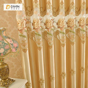 DIHINHOME Home Textile European Curtain DIHIN HOME Yellow Flower Embroidered Valance,Blackout Curtains Grommet Window Curtain for Living Room ,52x84-inch,1 Panel