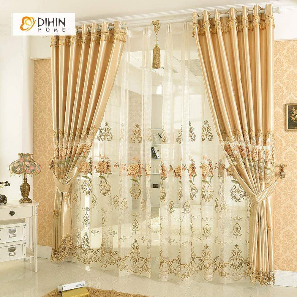 DIHINHOME Home Textile European Curtain DIHIN HOME Yellow Flower Embroidered Valance,Blackout Curtains Grommet Window Curtain for Living Room ,52x84-inch,1 Panel