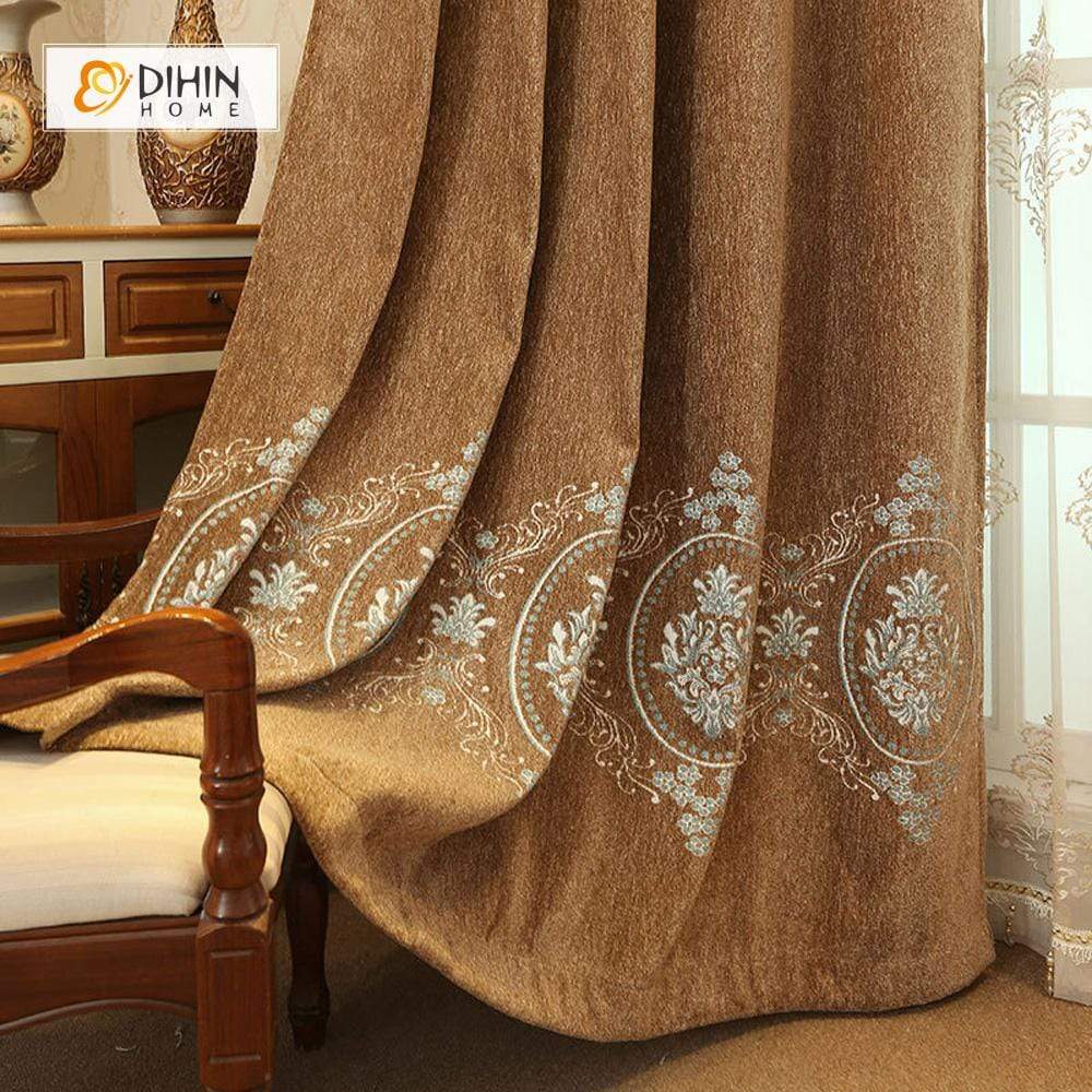 DIHINHOME Home Textile European Curtain DIHIN HOME Yellow Flowers Embroidered，Velvet，Blackout Grommet Window Curtain for Living Room ,52x63-inch,1 Panel