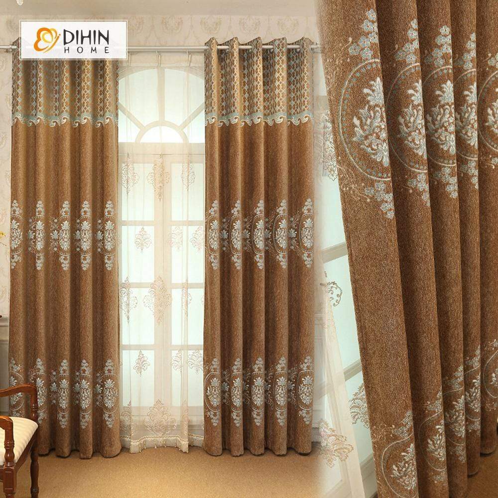 DIHINHOME Home Textile European Curtain DIHIN HOME Yellow Flowers Embroidered，Velvet，Blackout Grommet Window Curtain for Living Room ,52x63-inch,1 Panel