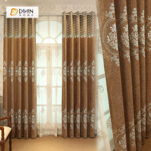 DIHINHOME Home Textile European Curtain DIHIN HOME Yellow Flowers Embroidered，Velvet，Blackout Grommet Window Curtain for Living Room ,52x63-inch,1 Panel