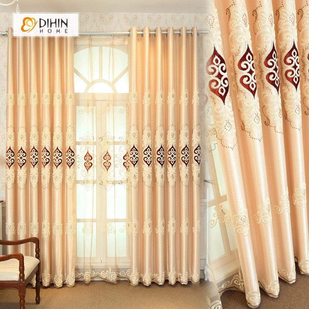 DIHINHOME Home Textile European Curtain DIHIN HOME Yellow Lexury Embroidered，Blackout Grommet Window Curtain for Living Room ,52x63-inch,1 Panel