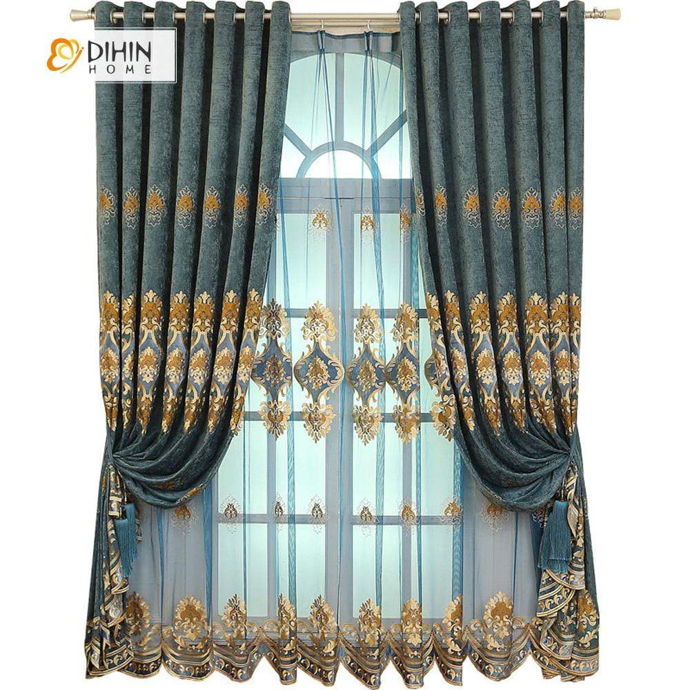 DIHINHOME Home Textile European Curtain DIHIN HOME Yellow Pattern Embroidered ,Blackout Curtains Grommet Window Curtain for Living Room ,52x84-inch,1 Panel