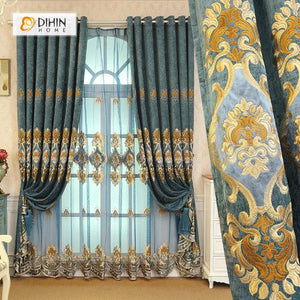 DIHINHOME Home Textile European Curtain DIHIN HOME Yellow Pattern Embroidered ,Blackout Curtains Grommet Window Curtain for Living Room ,52x84-inch,1 Panel