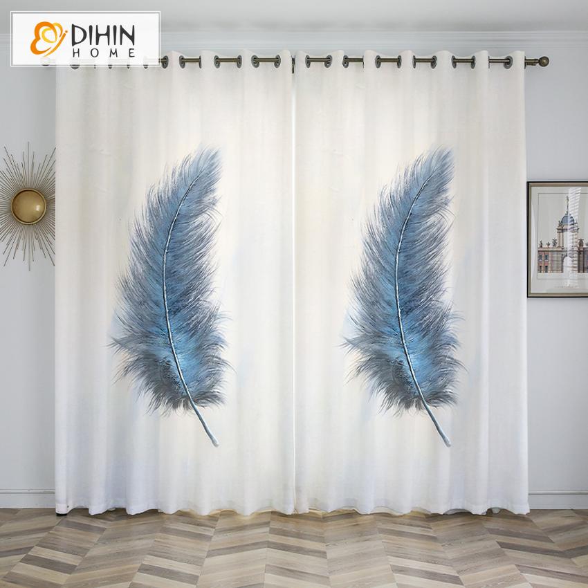 DIHINHOME Home Textile Kid's Curtain DIHIN HOME 3D Printed Blue Feathers Blackout Curtains,Window Curtains Grommet Curtain For Living Room ,39x102-inch,2 Panels Included
