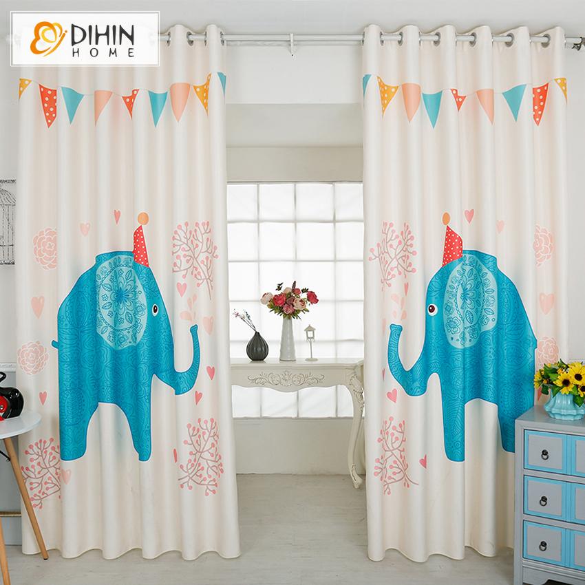 DIHINHOME Home Textile Kid's Curtain DIHIN HOME 3D Printed Cartoon Blue Elephant Blackout Curtains,Window Curtains Grommet Curtain For Living Room ,39x102-inch,2 Panels Included