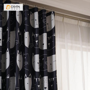 DIHINHOME Home Textile Kid's Curtain DIHIN HOME Black and White Cats Printed，Blackout Grommet Window Curtain for Living Room ,52x63-inch,1 Panel