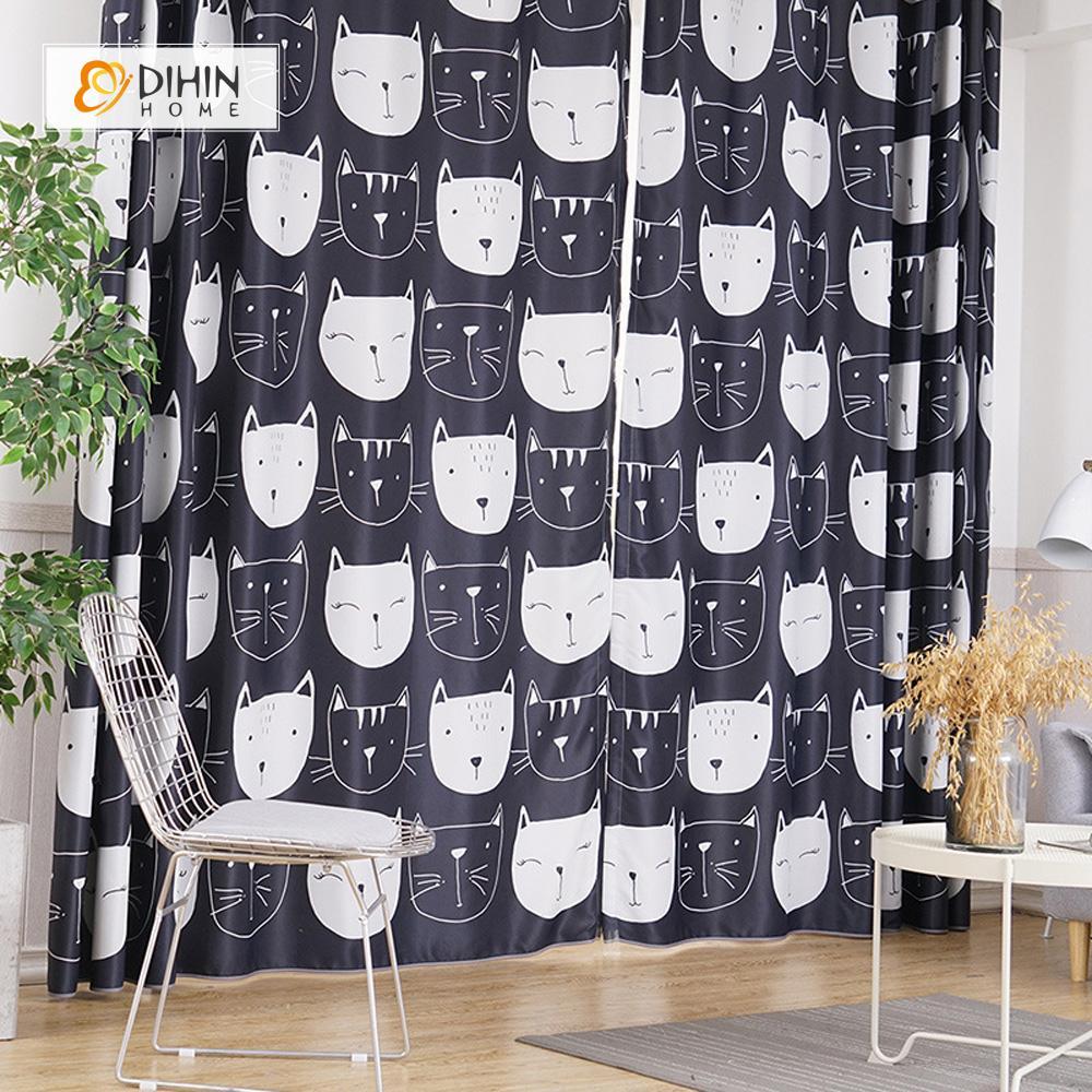 DIHINHOME Home Textile Kid's Curtain DIHIN HOME Black and White Cats Printed，Blackout Grommet Window Curtain for Living Room ,52x63-inch,1 Panel