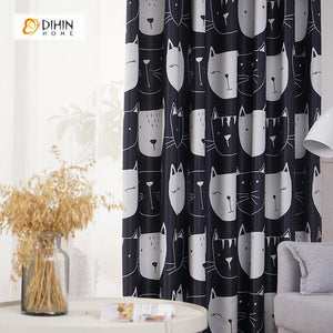 DIHINHOME Home Textile Kid's Curtain DIHIN HOME Black and White Cats Printed，Blackout Grommet Window Curtain for Living Room ,52x63-inch,1 Panel