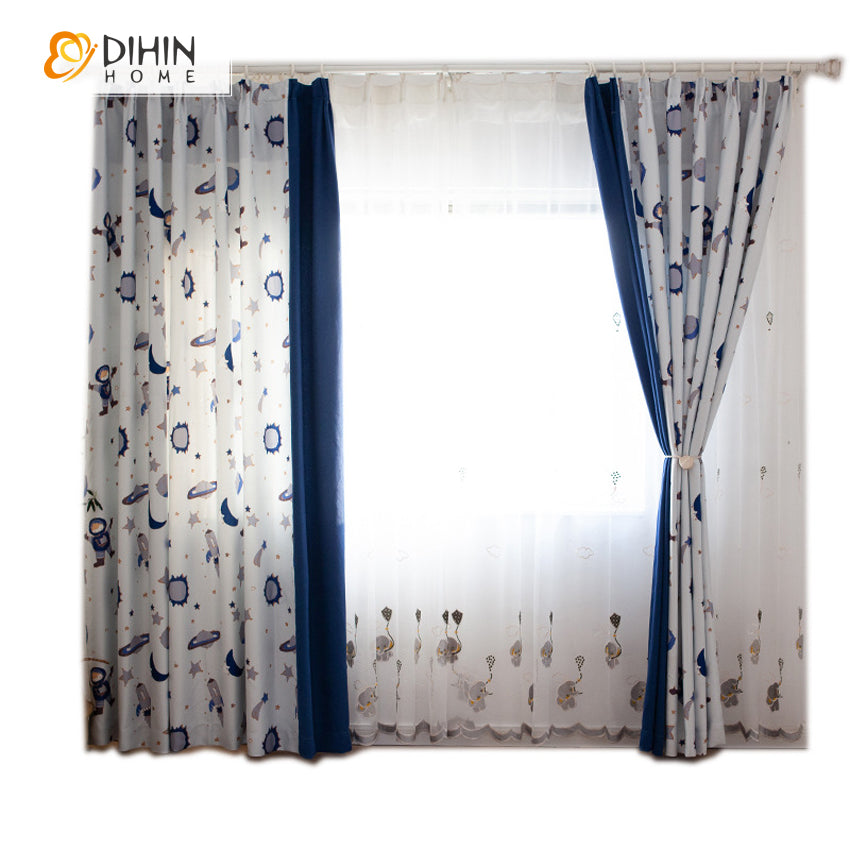 DIHINHOME Home Textile Kid's Curtain DIHIN HOME Cartoon Astronauts and Rockets Printed,Blackout Grommet Window Curtain for Living Room ,52x63-inch,1 Panel