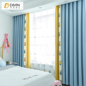 DIHINHOME Home Textile Kid's Curtain DIHIN HOME Cartoon Bear Spliced Curtains，Blackout Grommet Window Curtain for Living Room ,52x63-inch,1 Panel