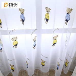 DIHIN HOME Cartoon Bears Embroidered Curtain With Valance,Blackout Curtains Grommet Window Curtain for Living Room ,52x84-inch,1 Panel