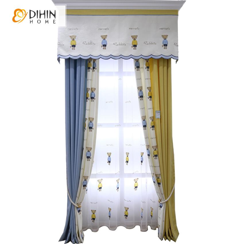 DIHIN HOME Cartoon Bears Embroidered Curtain With Valance,Blackout Curtains Grommet Window Curtain for Living Room ,52x84-inch,1 Panel