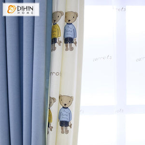 DIHIN HOME Cartoon Bears Embroidered Curtain With Valance,Blackout Curtains Grommet Window Curtain for Living Room ,52x84-inch,1 Panel