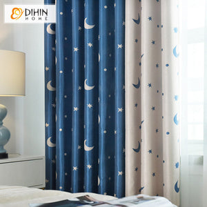 DIHINHOME Home Textile Kid's Curtain DIHIN HOME Cartoon Blue and White Stars Jacquard,Blackout Grommet Window Curtain for Living Room,1 Panel