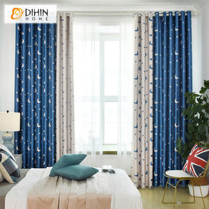 DIHIN HOME Cartoon Blue and White Stars Jacquard,Blackout Grommet Window Curtain for Living Room,1 Panel