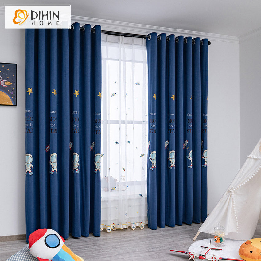 DIHINHOME Home Textile Kid's Curtain DIHIN HOME Cartoon Blue Astronaut Embroidered Curtains,Grommet Window Curtain for Living Room ,52x63-inch,1 Panel