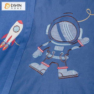 DIHINHOME Home Textile Kid's Curtain DIHIN HOME Cartoon Blue Astronaut Embroidered Curtains,Grommet Window Curtain for Living Room ,52x63-inch,1 Panel